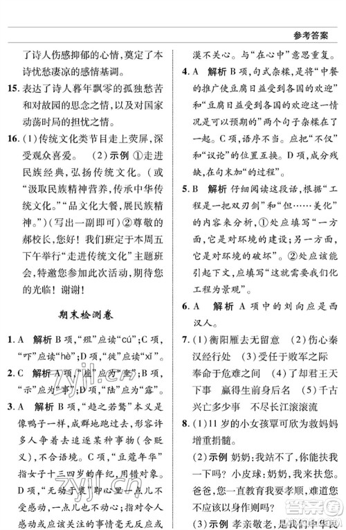 北京师范大学出版社2023语文配套综合练习九年级下册人教版参考答案