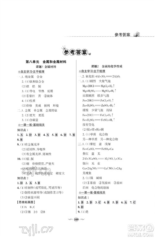 甘肃文化出版社2023化学配套综合练习九年级下册人教版参考答案