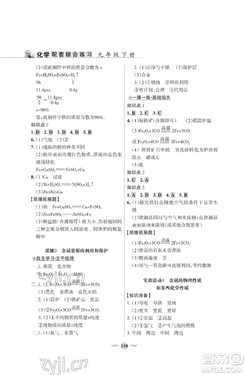 甘肃文化出版社2023化学配套综合练习九年级下册人教版参考答案