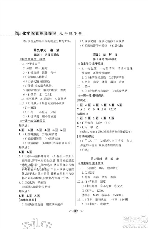 甘肃文化出版社2023化学配套综合练习九年级下册人教版参考答案 甘肃文化出版社2023化学配套综合练习九年级下册人教版参考答案