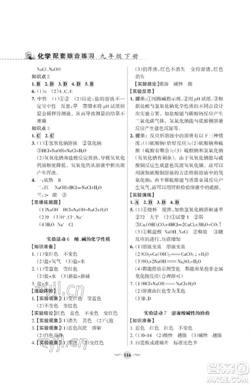 甘肃文化出版社2023化学配套综合练习九年级下册人教版参考答案