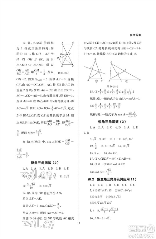 北京师范大学出版社2023数学配套综合练习九年级下册人教版参考答案