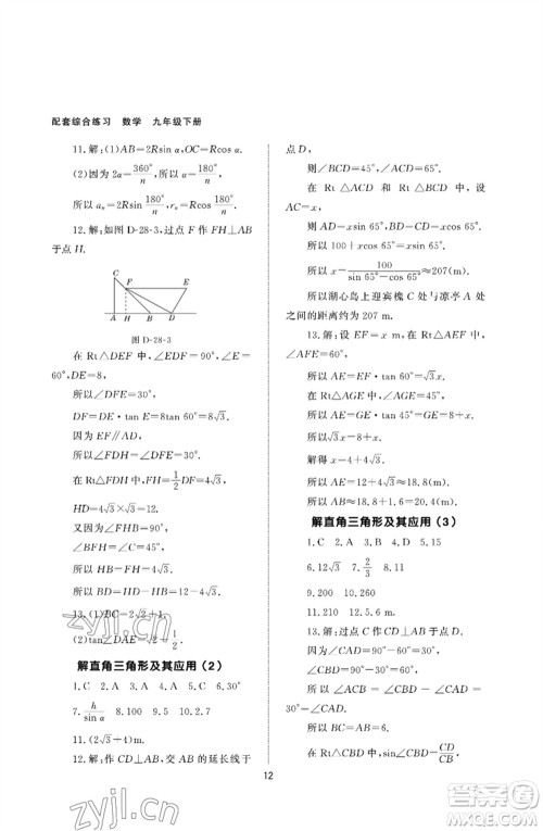 北京师范大学出版社2023数学配套综合练习九年级下册人教版参考答案