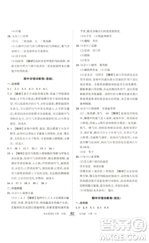 江西人民出版社2023王朝霞考点梳理时习卷七年级下册生物人教版答案