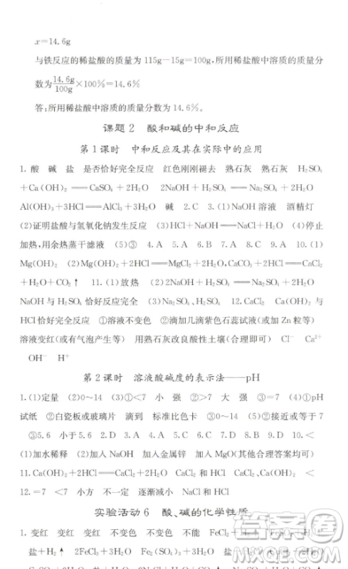 四川大学出版社2023名校课堂内外九年级化学下册人教版答案