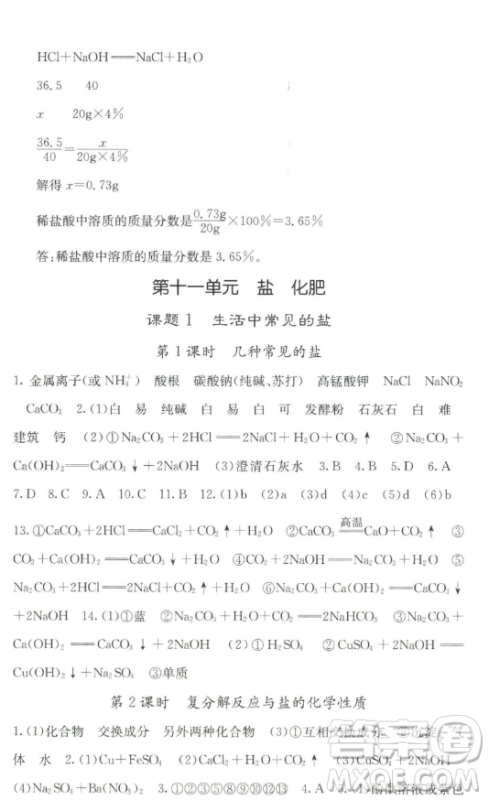 四川大学出版社2023名校课堂内外九年级化学下册人教版答案