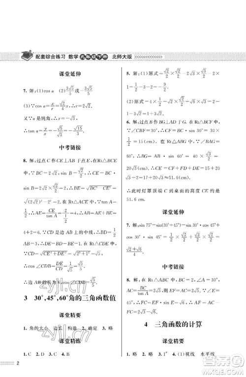 北京师范大学出版社2023数学配套综合练习九年级下册北师大版参考答案