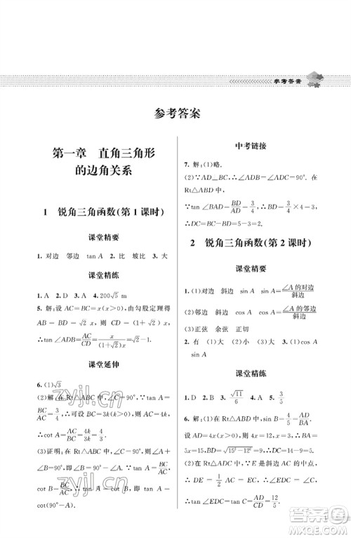 北京师范大学出版社2023数学配套综合练习九年级下册北师大版参考答案