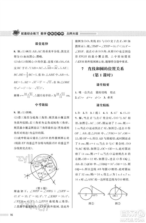 北京师范大学出版社2023数学配套综合练习九年级下册北师大版参考答案