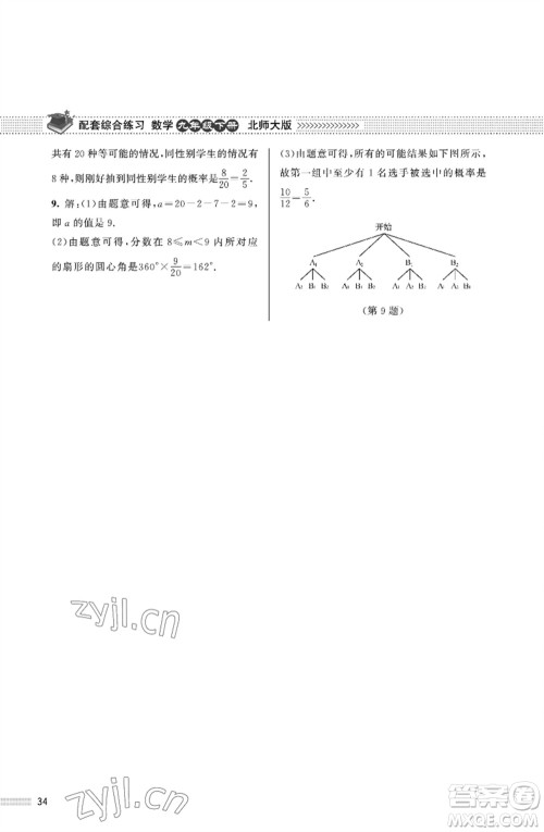 北京师范大学出版社2023数学配套综合练习九年级下册北师大版参考答案