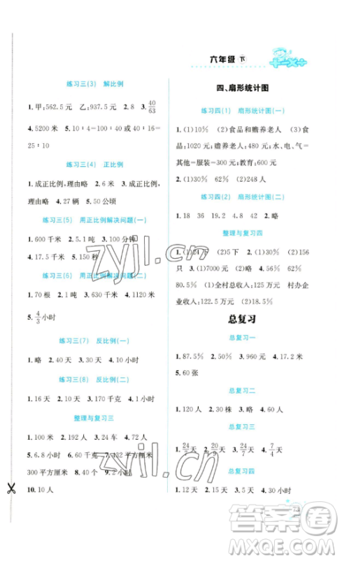 云南科技出版社2023解决问题专项训练六年级数学下册西师大版参考答案