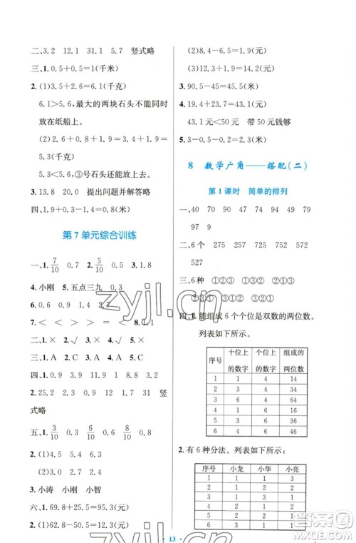 人民教育出版社2023小学同步测控优化设计三年级数学下册人教版精编版参考答案