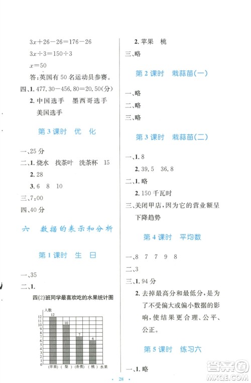 北京师范大学出版社2023小学同步测控优化设计四年级数学下册北师大版天津专版参考答案 北京师范大学出版社2023小学同步测控优化设计四年级数学下册北师大版天津专版参考答案