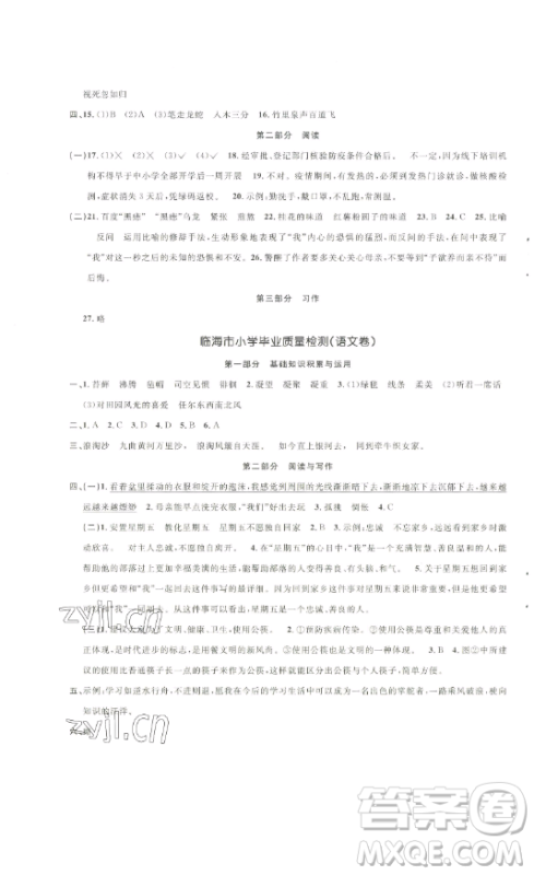 江西教育出版社2023阳光同学一线名师全优好卷六年级语文下册人教版浙江专版