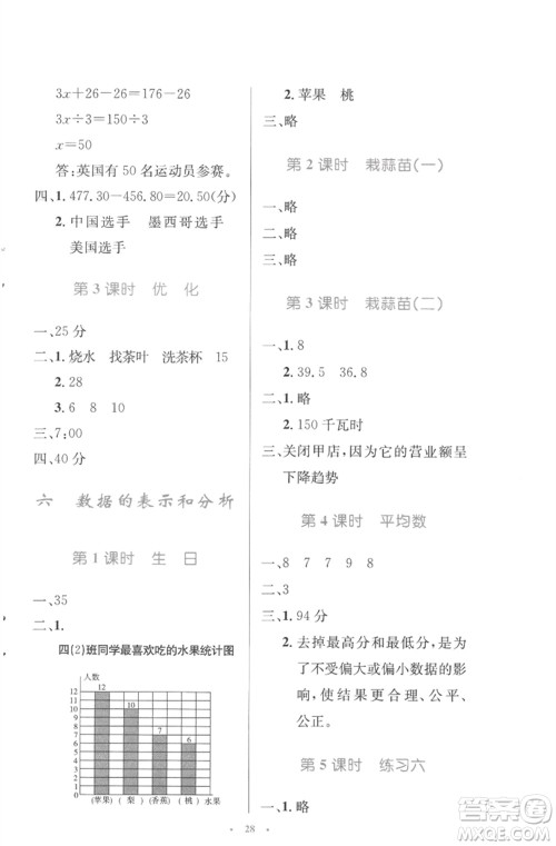 北京师范大学出版社2023小学同步测控优化设计四年级数学下册北师大版参考答案 北京师范大学出版社2023小学同步测控优化设计四年级数学下册北师大版参考答案