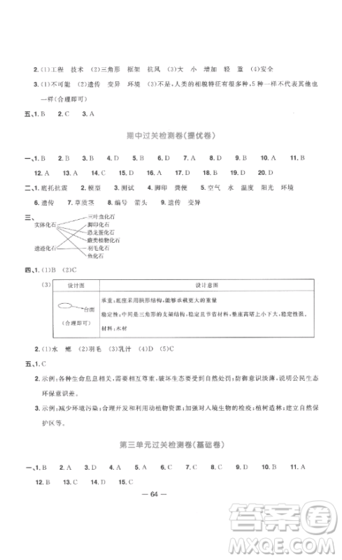 江西教育出版社2023阳光同学一线名师全优好卷六年级科学下册教科版参考答案