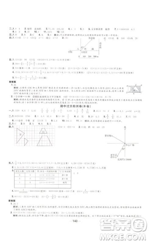 江西教育出版社2023阳光同学一线名师全优好卷六年级数学下册苏教版参考答案
