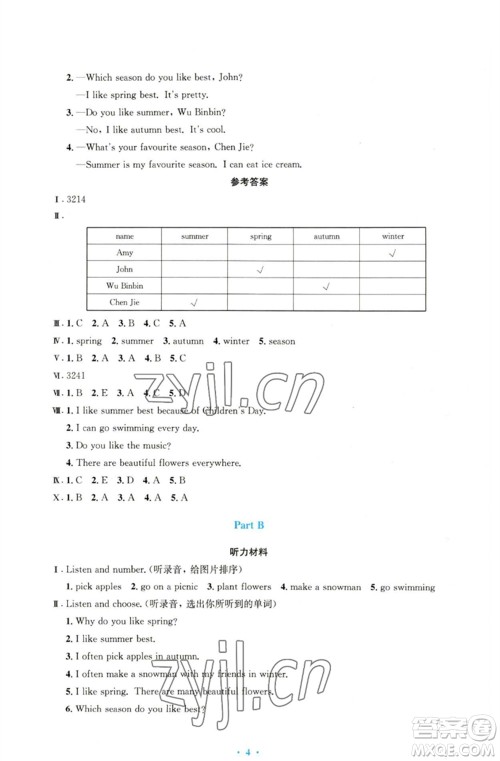 人民教育出版社2023小学同步测控优化设计五年级英语下册人教PEP版三起增强版参考答案