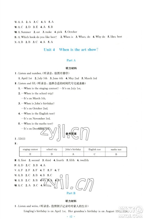 人民教育出版社2023小学同步测控优化设计五年级英语下册人教PEP版三起增强版参考答案