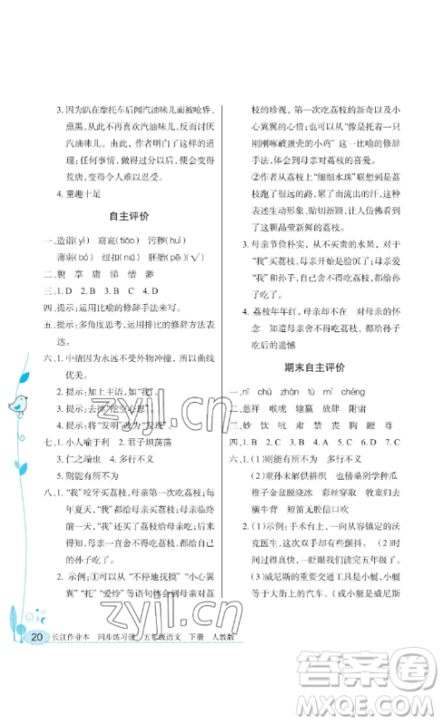 湖北教育出版社2023长江作业本同步练习册五年级语文下册人教版参考答案 湖北教育出版社2023长江作业本同步练习册五年级语文下册人教版参考答案
