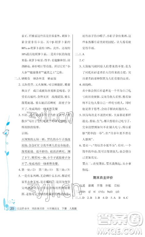 湖北教育出版社2023长江作业本同步练习册六年级语文下册人教版参考答案