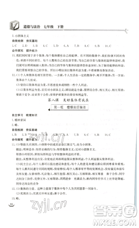 湖北教育出版社2023长江作业本同步练习册七年级道德与法治下册人教版参考答案 湖北教育出版社2023长江作业本同步练习册七年级道德与法治下册人教版参考答案