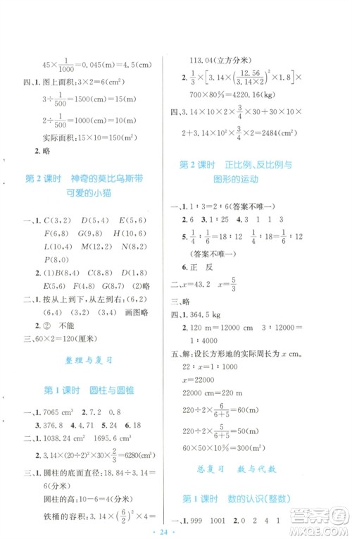 北京师范大学出版社2023小学同步测控优化设计六年级数学下册北师大版天津专版参考答案