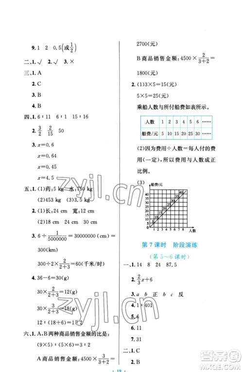 人民教育出版社2023小学同步测控优化设计六年级数学下册人教版增强版参考答案