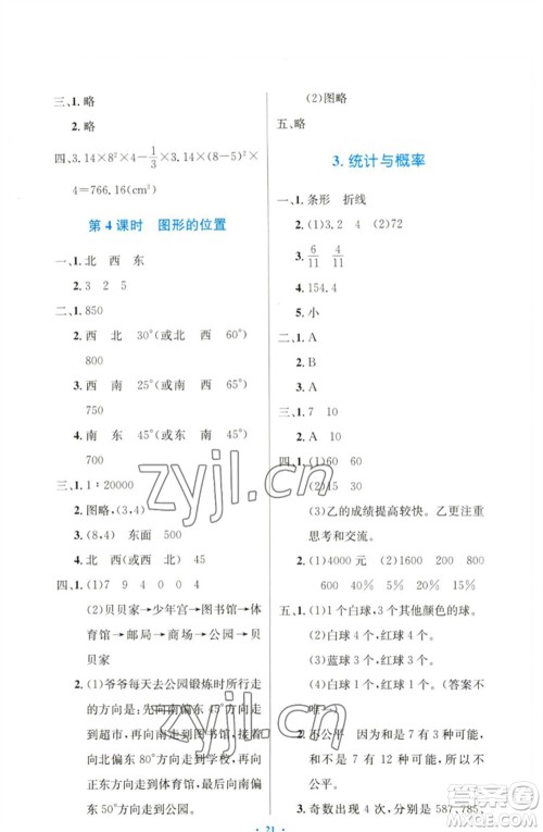 人民教育出版社2023小学同步测控优化设计六年级数学下册人教版增强版参考答案