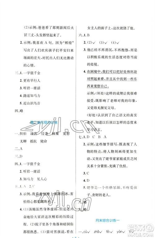 人民教育出版社2023小学同步测控优化设计六年级语文下册人教版增强版参考答案