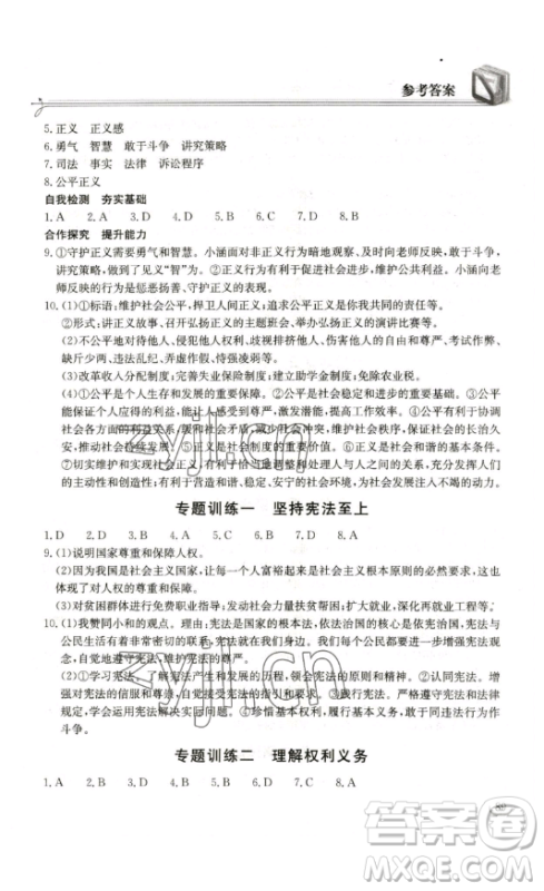 湖北教育出版社2023长江作业本同步练习册八年级道德与法治下册人教版参考答案 湖北教育出版社2023长江作业本同步练习册八年级道德与法治下册人教版参考答案