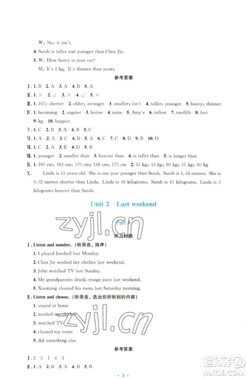 人民教育出版社2023小学同步测控优化设计六年级英语下册人教PEP版三起增强版参考答案