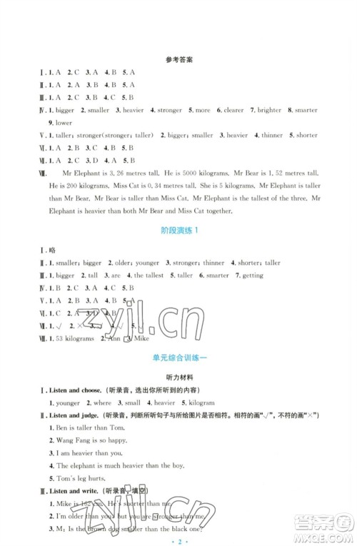 人民教育出版社2023小学同步测控优化设计六年级英语下册人教PEP版三起增强版参考答案