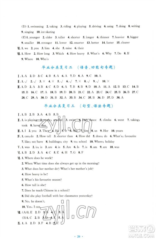 人民教育出版社2023小学同步测控优化设计六年级英语下册人教PEP版三起增强版参考答案