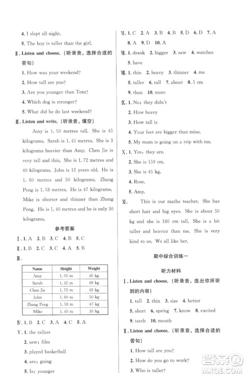 人民教育出版社2023小学同步测控优化设计六年级英语下册人教PEP版三起广东专版参考答案