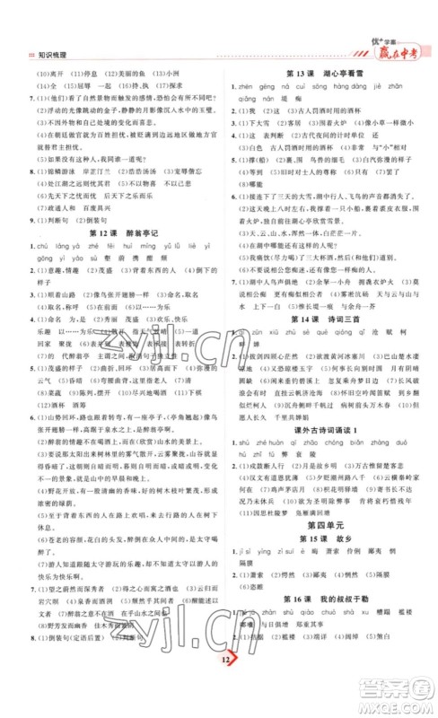 延边教育出版社2023最新版优+学案赢在中考语文答案