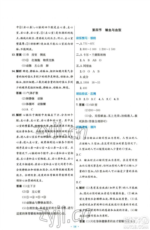 人民教育出版社2023初中同步测控优化设计七年级生物下册人教版精编版参考答案