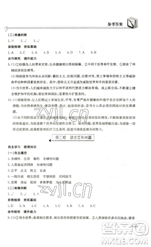 湖北教育出版社2023长江作业本同步练习册九年级道德与法治下册人教版参考答案 湖北教育出版社2023长江作业本同步练习册九年级道德与法治下册人教版参考答案