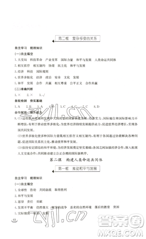 湖北教育出版社2023长江作业本同步练习册九年级道德与法治下册人教版参考答案 湖北教育出版社2023长江作业本同步练习册九年级道德与法治下册人教版参考答案