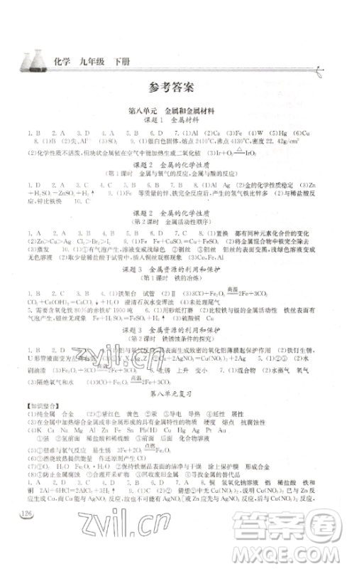 湖北教育出版社2023长江作业本同步练习册九年级化学下册人教版参考答案