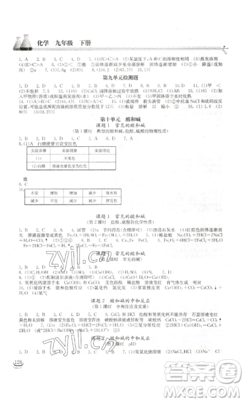 湖北教育出版社2023长江作业本同步练习册九年级化学下册人教版参考答案