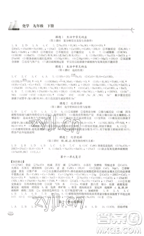 湖北教育出版社2023长江作业本同步练习册九年级化学下册人教版参考答案