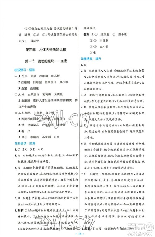 人民教育出版社2023初中同步测控优化设计七年级生物下册人教版参考答案