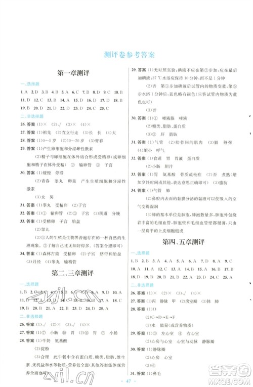 人民教育出版社2023初中同步测控优化设计七年级生物下册人教版福建专版参考答案 人民教育出版社2023初中同步测控优化设计七年级生物下册人教版福建专版参考答案