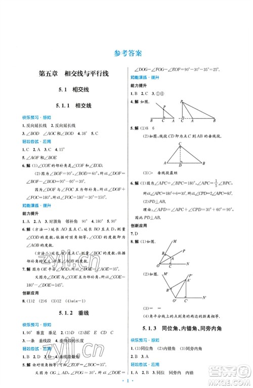 人民教育出版社2023初中同步测控优化设计七年级数学下册人教版福建专版参考答案