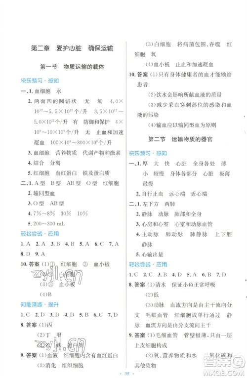 知识出版社2023初中同步测控优化设计七年级生物下册冀少版福建专版参考答案