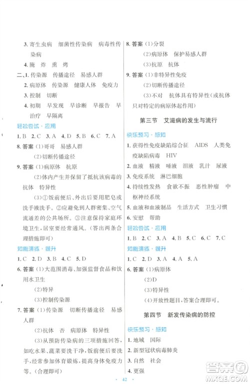 知识出版社2023初中同步测控优化设计七年级生物下册冀少版福建专版参考答案