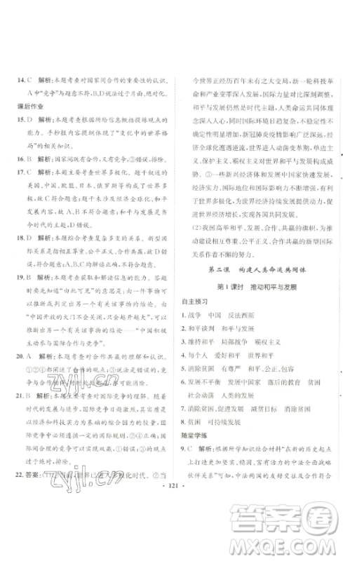 河北人民出版社2023同步训练九年级道德与法治下册人教版参考答案