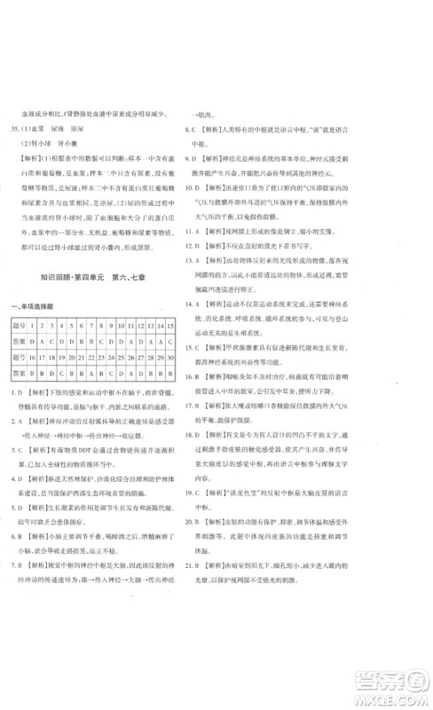 新疆青少年出版社2023优学1+1评价与测试七年级生物下册人教版答案