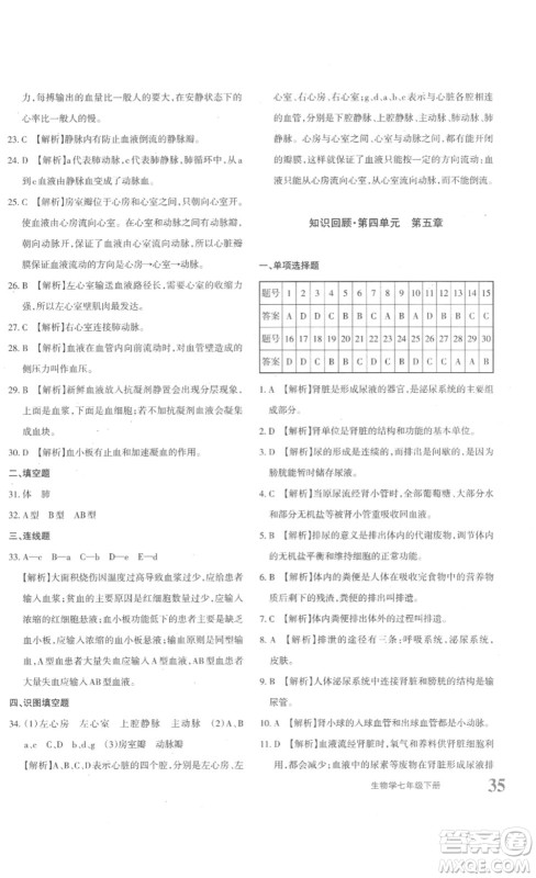 新疆青少年出版社2023优学1+1评价与测试七年级生物下册人教版答案